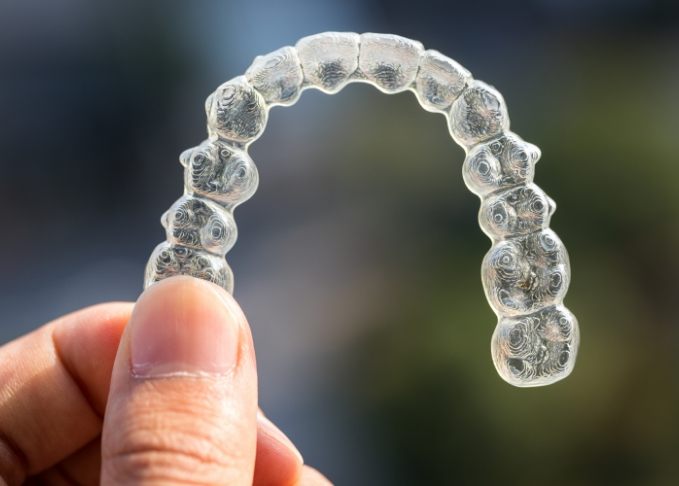 Hand holding an Invisalign clear aligner in Bedford